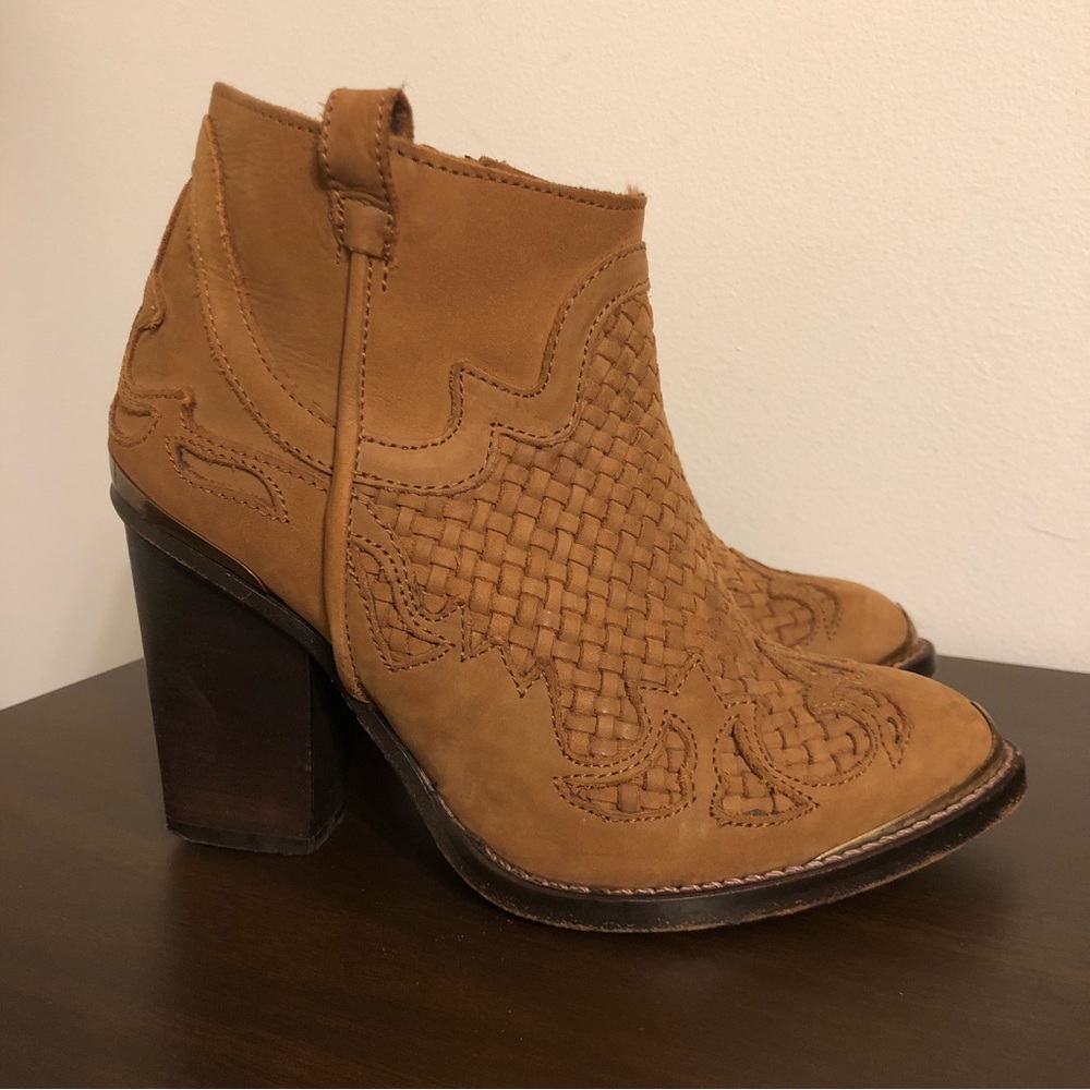 Topshop Premium Woven leather tan western booties 36